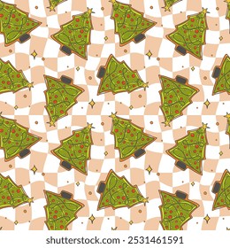 Christmas Tree Cookies Seamless Pattern on Checkerboard Background