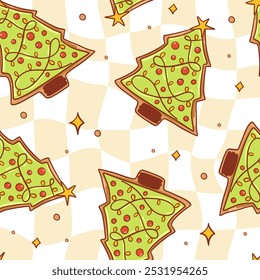 Christmas Tree Cookies Seamless Pattern on Checkerboard Background