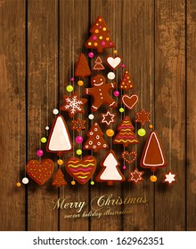 Christmas Tree. Christmas Cookies Set - Gingerbread man, Xmas Tree, Star, Heart. All for Xmas Cards Design. Wood Texture Background.