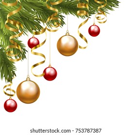 Frontera de la esquina del árbol de Navidad con adornos y serpentinas doradas aisladas en blanco