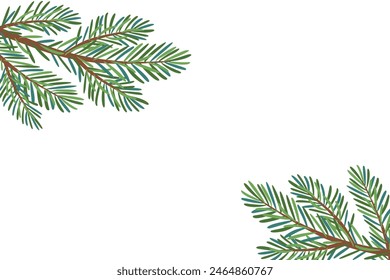 Christmas tree corner decoration. Fir tree branches. Pine, spruce branch. Hand drawn holiday vector illustration isolated on white. For New year, winter season headers, cards, party posters.