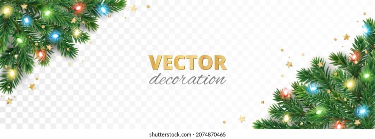 Christmas tree corner decoration isolated on white. Evergreen tree with colorful lights. Festive border, frame. Realistic vector. For holiday headers, banners, party posters.