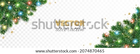Christmas tree corner decoration isolated on white. Evergreen tree with colorful lights. Festive border, frame. Realistic vector. For holiday headers, banners, party posters.