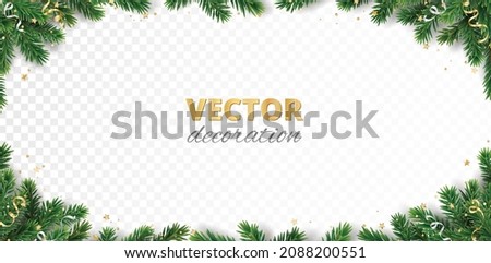 Christmas tree corner decoration isolated on white. Evergreen tree with ribbons and confetti. Festive border, frame. Realistic vector. For holiday headers, banners, party posters.