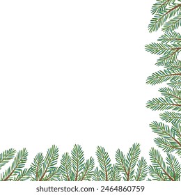 Christmas tree corner frame decoration. Fir tree branches. Pine, spruce branch. Hand drawn holiday vector illustration isolated on white. For New year, winter season headers, cards, party posters.