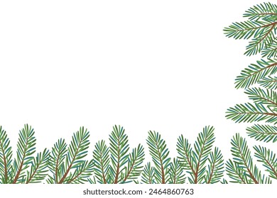 Christmas tree corner frame decoration. Fir tree branches. Pine, spruce branch. Hand drawn holiday vector illustration isolated on white. For New year, winter season headers, cards, party posters.