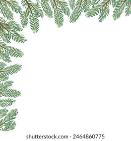 Christmas tree corner frame decoration. Fir tree branches. Pine, spruce branch. Hand drawn holiday vector illustration isolated on white. For New year, winter season headers, cards, party posters.