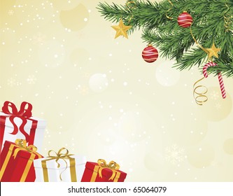 Árbol de Navidad en esquina con adornos y caña de caramelo. Los regalos se dejan con lazos brillantes.