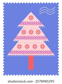 Christmas tree with cosy winter knitting pattern in pink and red. Vector postage stamp for envelope with zigzag edges with festive greeting motif in vertical format.