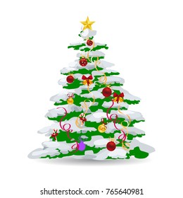 Christmas tree covered with snow, beautifully decorated with toys, cartoon on white background, vector