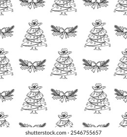 Christmas tree in cowboy hat black outline seamless pattern. Western floral illustration.