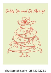 Christmas tree in a cowboy hat and stars. western hand drawn line art illustration. Winter holidays card, vector art.