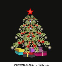 Christmas tree with cranberries, cedar cones and gift boxes on black.