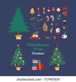 Christmas Tree Creator. Holiday kit with decorative Xmas objects: tree, garland, lanterns, balls, ginger biscuits, snowman, bow, candy. Retro style. Vector seasonal design easy editable.