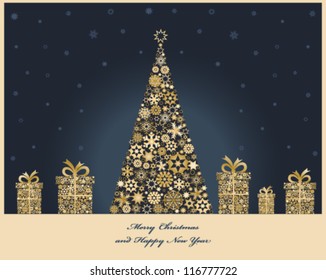 Christmas tree with cristmas gift boxes from golden snowflakes. Christmas decorations. Vector