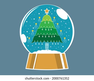 A Christmas tree in a crystal ball, pencil stroke style. Vector. With a solid color background.