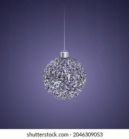 bola de cristal de árbol de Navidad. Juguete de vidrio plateado. Ornamento de burbujas. Ilustración vectorial coloreada. Fondo morado aislado. Decoraciones de brillantes cortinas de lluvia. 