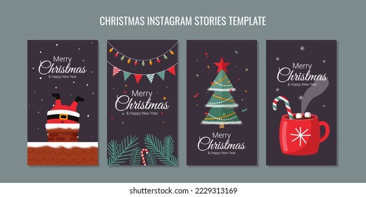 christmas tree cup of cocoa with lollipop and marshmallows Santa coming down the chimney boma and garlands with fir branches Christmas instagram stories template