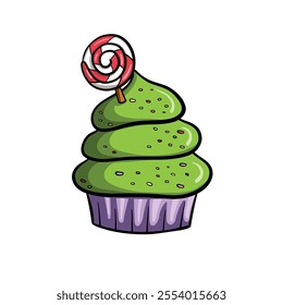 Christmas tree cupcake with round lillipop candy. Hand drawn vector illustration in cartoon style on white background.