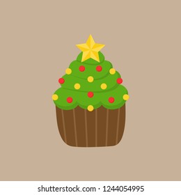 Christmas tree cupcake vector illustration icon. Cute chocolate cupcake decorated with green frosting, round sprinkles and star ornament on top. Isolated on beige background.