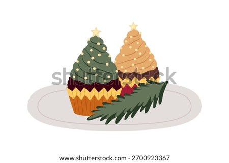 Christmas Tree Cupcakes with Stars and Pine Sprig Decoration. Winter Festive Dessert