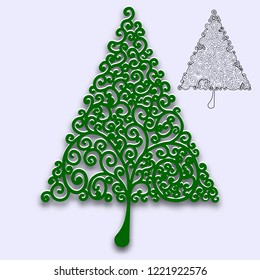 Christmas tree with curls. Pattern for design of greeting cards, congratulations, menus, etc. For cutting from paper, wood metal. Vector illustration