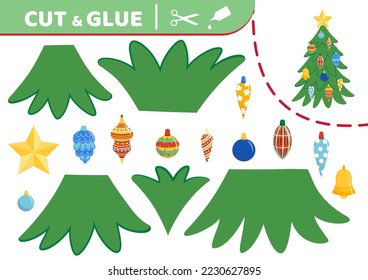 Árbol de Navidad. Cortar y pegar. Trabajo de aplicación. Juego de educación en papel. Plano, caricatura. Ilustración vectorial aislada eps 10