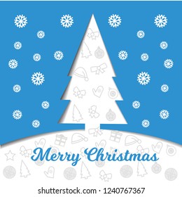 Christmas tree cut out of paper on a blue background with snowflakes and a white Christmas background