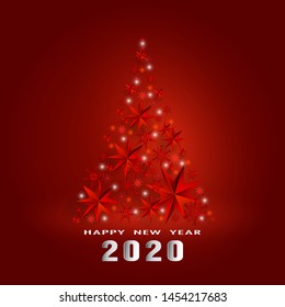 Christmas tree cut out of paper stars and snowflakes on a red background and the inscription Happy New Year 2020.  Christmas Greeting Card  With Abstract Red Christmas Tree.