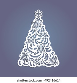 Christmas tree cut out of paper. Template for Christmas cards, invitations for Christmas party. Image suitable for laser cutting, plotter cutting or printing. 