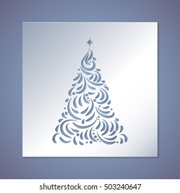 Christmas tree cut out of paper. Template for Christmas cards, invitations for Christmas party. Image suitable for laser cutting, plotter cutting or printing. Spruce tree, fir-tree.