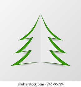 Christmas tree cut out of paper. Decorative design element, holiday decoration for Christmas and New Year cards. Vector illustration