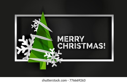Christmas tree cut paper art, modern minimal design, vector decorated New Year tree on black
