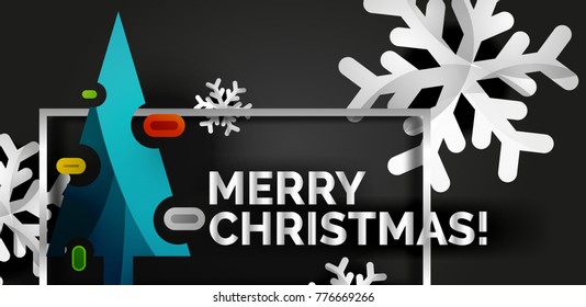 Christmas tree cut paper art, modern minimal design, vector decorated New Year tree on black
