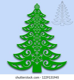 Christmas tree cut from paper. Template for design of greeting cards, congratulations, menus, etc. For cutting from paper, wood metal. Vector illustration
