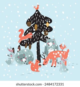 Árbol de Navidad, oso lindo, ciervo, conejo, ardilla y póster de nieve. Ilustración de cuento de hadas de invierno.	