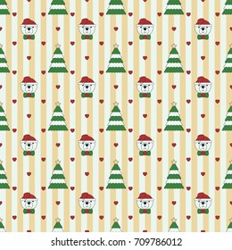 Christmas tree and cute bear seamless with stripe and cute heart pattern.
