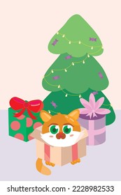 Christmas tree with cute brown kitten in a   gift box and red ribbon  for greeting and invitation holiday party card or poster, Merry Christmas and a happy new year vector flat illustration.