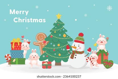 Christmas tree with cute bunny friends gathering to celebrate Christmas, full of Christmas elements and stacked gift boxes, vector greeting and invitation cards