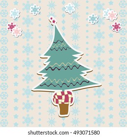Christmas tree. Cute Christmas card, snowflakes pattern background