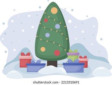 Christmas tree. Cute cartoon image of a Christmas tree decorated with Christmas balls. Christmas tree with gifts, against the background of snowfall. Vector illustration