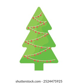 Christmas tree. Cute cartoon-style children s illustration. A Christmas tree decorated with red balls. A minimalistic Christmas tree. Vector illustration isolated on a white background.