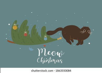 Christmas tree and cute cat. Vector graphics.