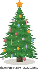 Christmas tree. Cute Christmas tree decorated with Christmas toys and garlands. Festive Christmas tree, vector illustration