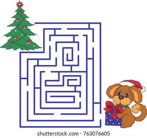 Christmas tree and cute dog labyrinth. Logic plaything page. Vector illustration.