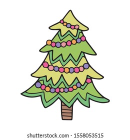 Christmas tree cute drawing. Perfect for stickers, new years designs and book for kids. Vector illustration.