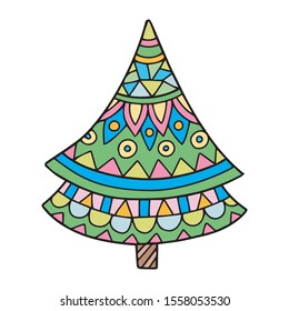 Christmas tree cute drawing. Perfect for stickers, new years designs and book for kids. Vector illustration.