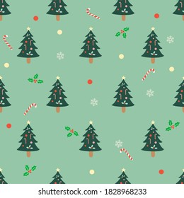 Christmas tree with cute element hand drawn seamless pattern on green background for wallpaper, greeting card, wrapping paper etc.