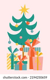 Christmas tree with cute gift boxes. Traditional xmasfir tree with golden star and sparkle baubles. Flat illustration for winter holidays graphic design.