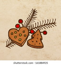 Christmas Tree. Cute Hand Drawn Vector illustration, Vintage Paper Texture Background